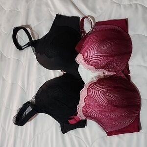 Cacique Lace 38DD 2 bra lot lightly lined balconette hot pink and black